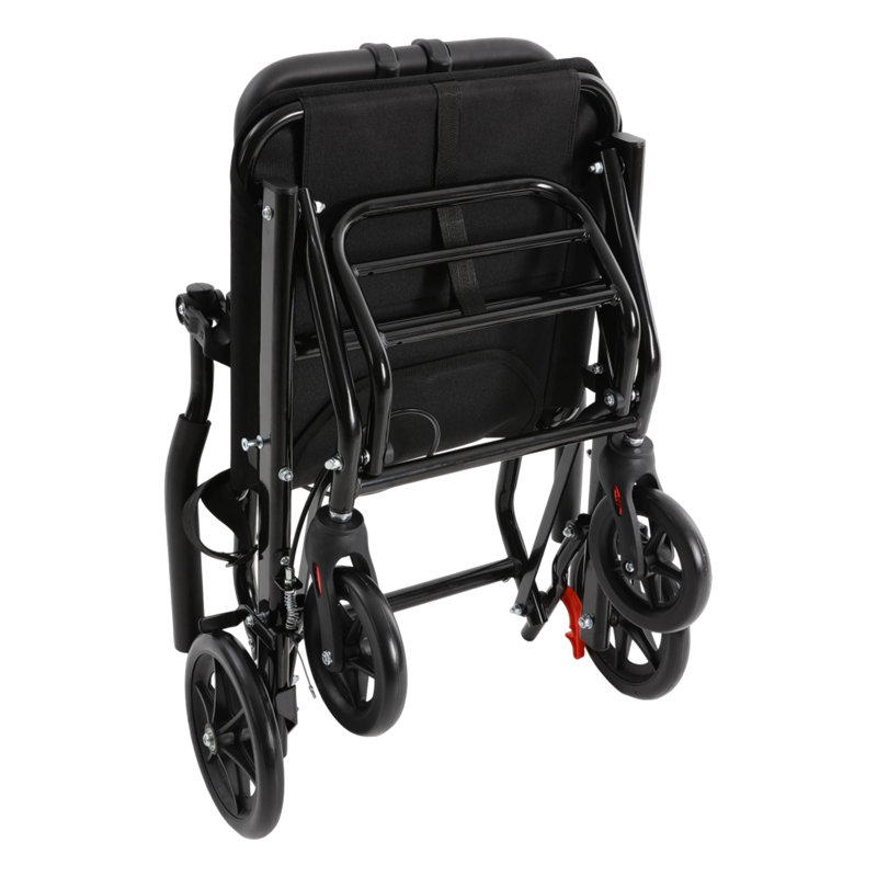 Fauteuil roulant de voyage portatif en acier pliable, léger et équipé d'un frein à main, pour personnes âgées et à mobilité réduite.