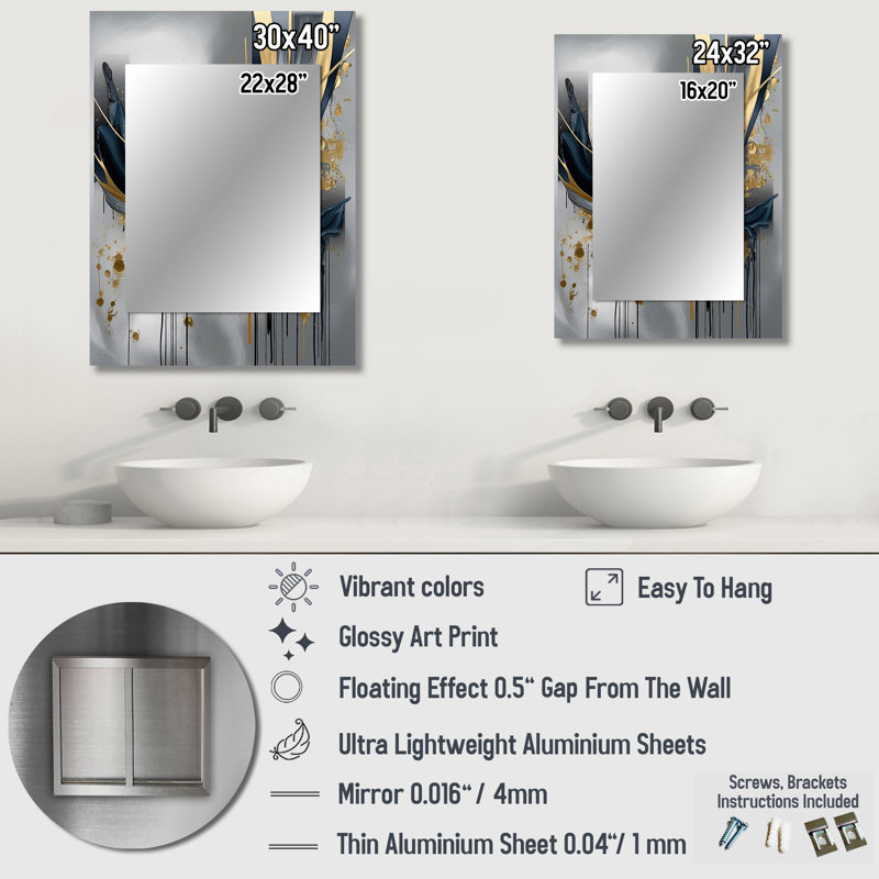 Shapes And Lines Abstract Marble V - Marble Mirror, Gold Unique Wall Mirror, Printed Metal Art, 40" x 30"