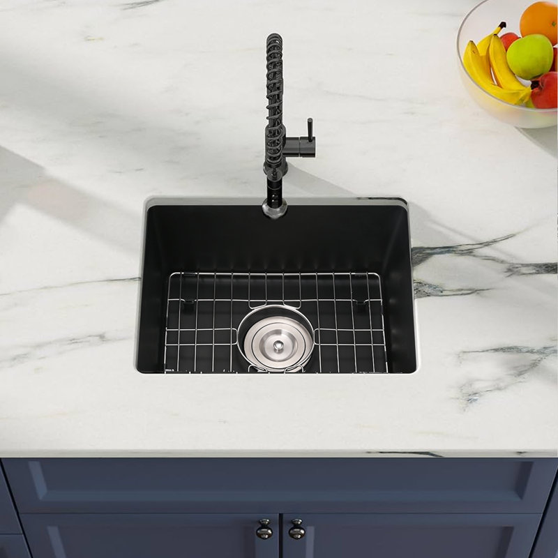 17.7'' Black Quartz Undermount Kitchen Sink, Single Bowl