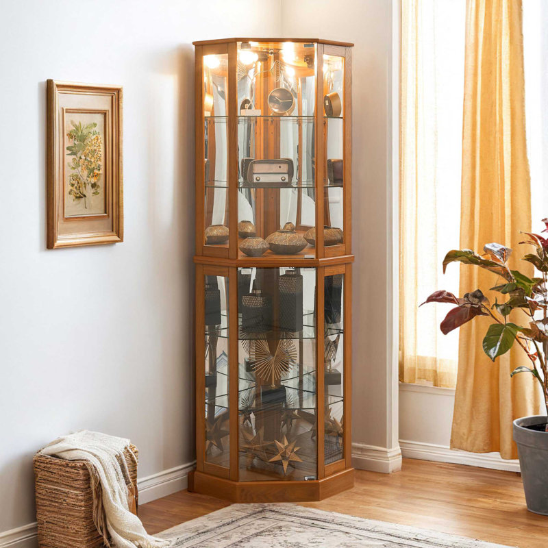 6 Shelf Corner Curio Display Cabinet with Lights, Oak