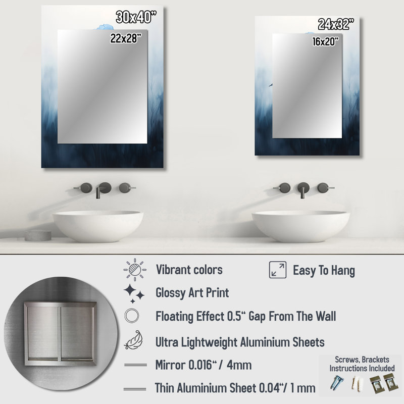 Blue Hydrangeas In The Mist Dream III - Hydrangea Mirror, Traditional Unique Wall Mirror, Printed Metal Art, 32" x 24"