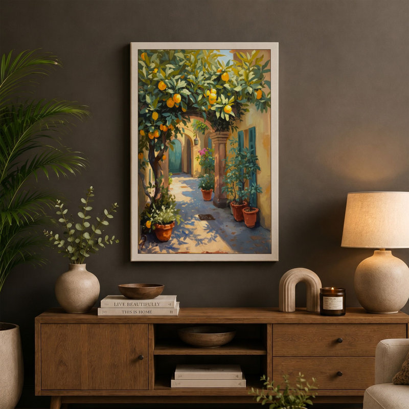 Sunlit Mediterranean Alley Coastal 1 Piece Wrapped Canvas Wall Art, 18x12 - 45.7 x 30.5 cm, White Border