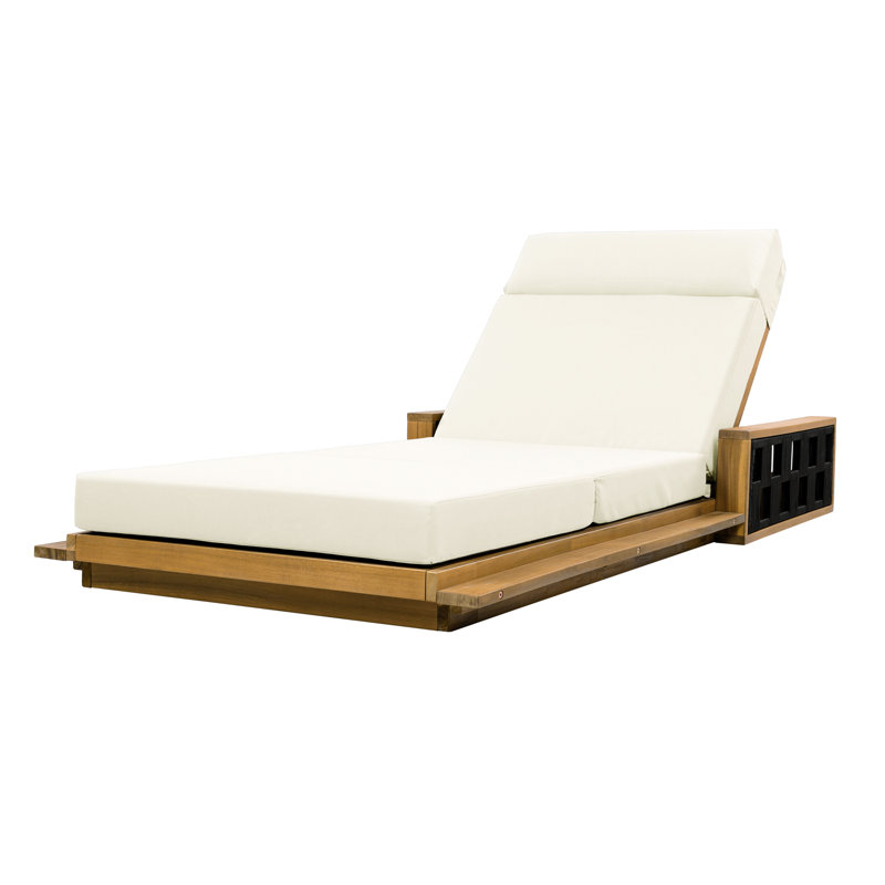 Acacia Wood Chaise Lounge with 4-Fold Beige Cushion - Teak Finish, 78.94" L, 4" Thick, 300 lbs Capacity, for Outdoor Patio, Poolside, Garden, Indoor Use - Adjustable Reclining, Modern Coastal Style