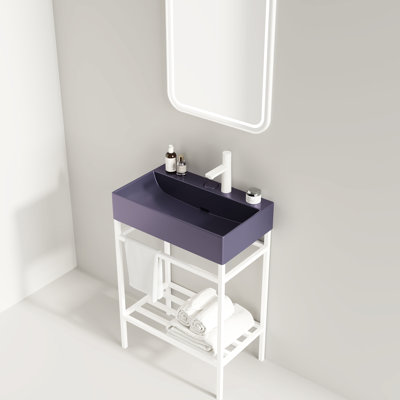 Meuble-lavabo de salle de bain avec lavabo en céramique 24 po - blanc, lavabo autoportant, scandinave moderne, tablette en fer ferme pour meubles de style scandinave, tablettes de rangement