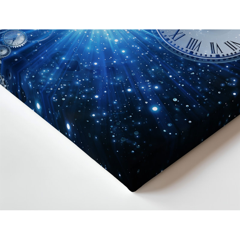 Toile dans un tableau cosmique envoûtant, engrenages d'horloge complexes et éléments d'art mural céleste entrelacés avec des horloges tourbillonnantes, art sur toile