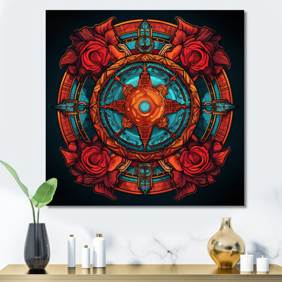 «Retro Floral Mandala» en rouge et turquoise, reproduction sur toile