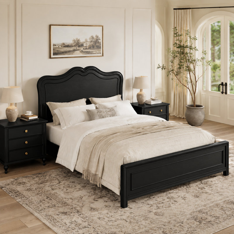 Annalia Mid-Century Modern Solid Wood Bed With Headboard, Queen, Dark Walnut