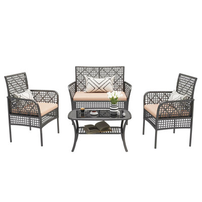 4 Pieces Outdoor Patio Furniture Set,Pe Rattan Wicker Garden Conversation Chairs With Tempered Glass Table And Soft Cushions For Backyard Pool Or Lawn