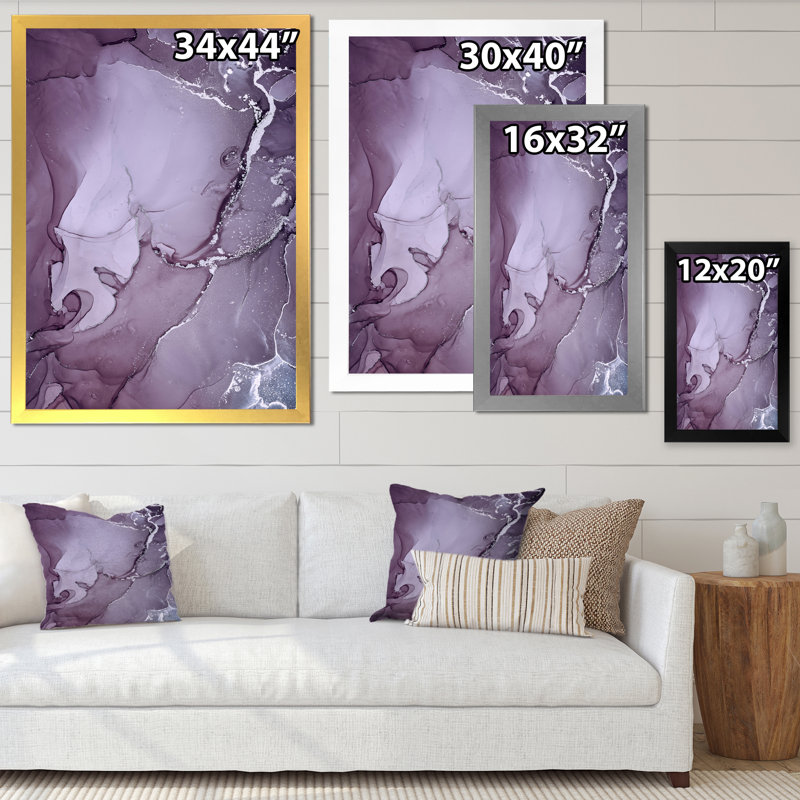Encre de marbre mauve et grise mauve - peinture sur toile, H 32 po x l 24 po x P 1 po, Cadre photo blanc