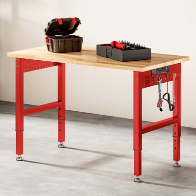  Alok Red Adjustable Heavy-Duty Workbench with Power Outlets, 2000 Lbs Capacity, Rubber Wood Top for Garage, Workshop, Office