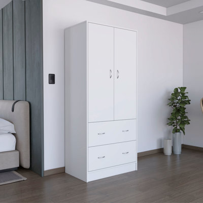 Armoire avec portes doubles, 2 tiroirs et tringle blanche