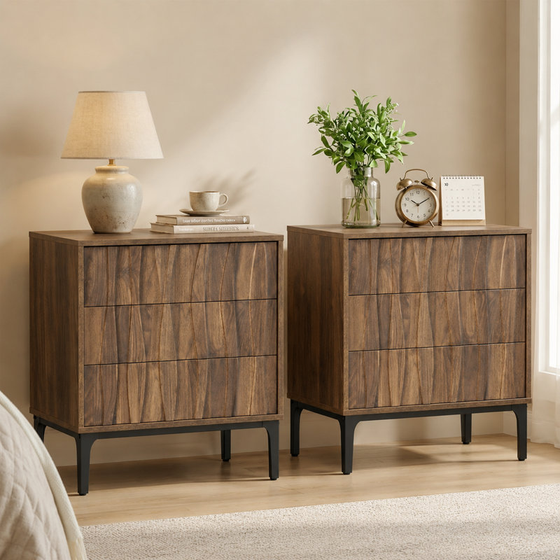 Mid-Century Modern 3-Drawer Nightstand with Textured Wood Fronts Set of 2, Set of 2, Brown