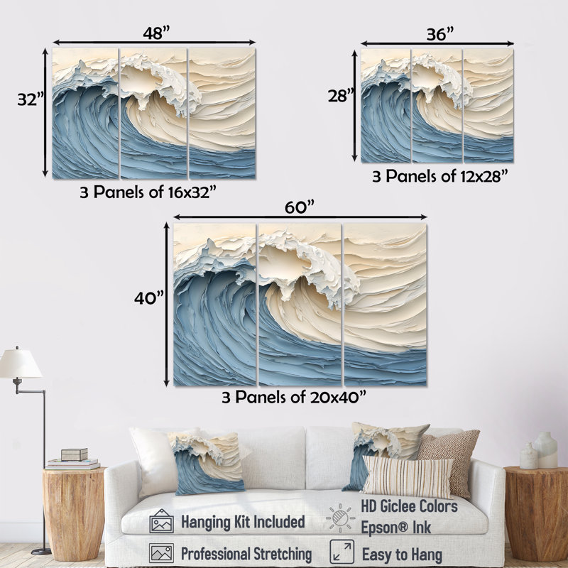 Clareen - ensemble d'impressions murales vagues côtières, Toile tendue, H 40 po x l 60 po x P 1 po