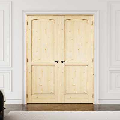 60" x 80" 2-Panel Pine Wood Interior French Door with Black Hardware & Latch & Door Lever, Natural Pine Wood, Paintable & Waterproof, Suit for Laundry, Closet Doors, Room Doors, Assembly Required