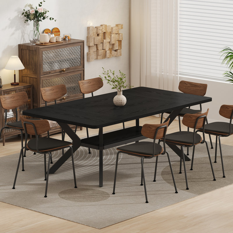 Table de salle à manger de coin rectangulaire noire 63 po avec étagère de rangement pour 4 à 8 po, Noir