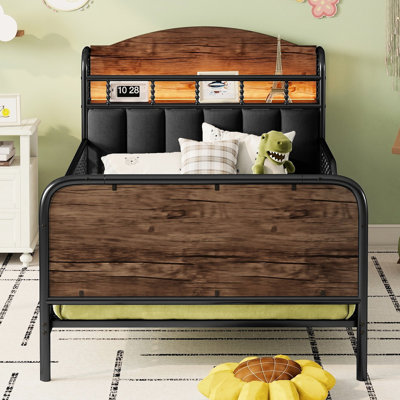 Lit en métal avec tête de lit tapissier, DEL et 21 lattes pour un lit relaxant avec lumières jumelles, soutien du cou confortable, espace de rangement