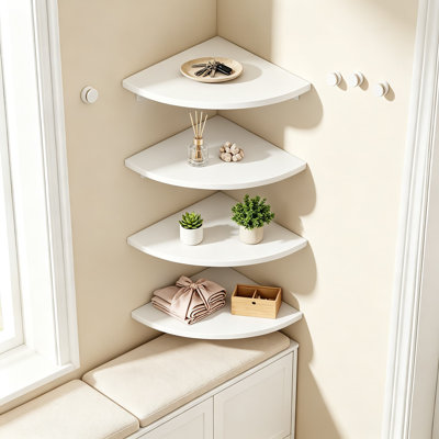 Corner Shelf Wall Mount, Wood Floating Corner Shelves with Cord Hole, Set of 4 for Bathroom, Bedroom, Kitchen, Curved Design
