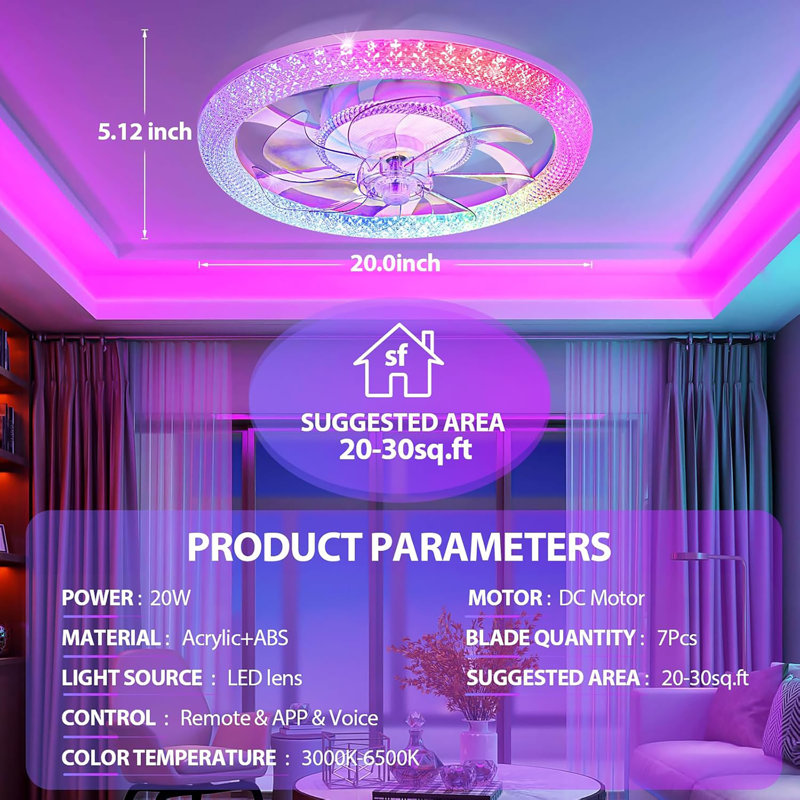 2 In 1 Wifi RGB-LED 20” Ceiling Fans With Lights And Remote, 3000-6500K Dimmable Flush Mount Smart Low Profile Ceiling Fan With Lights, Bluetooth 6 Speeds Bladeless Fans With APP, For Bedroom