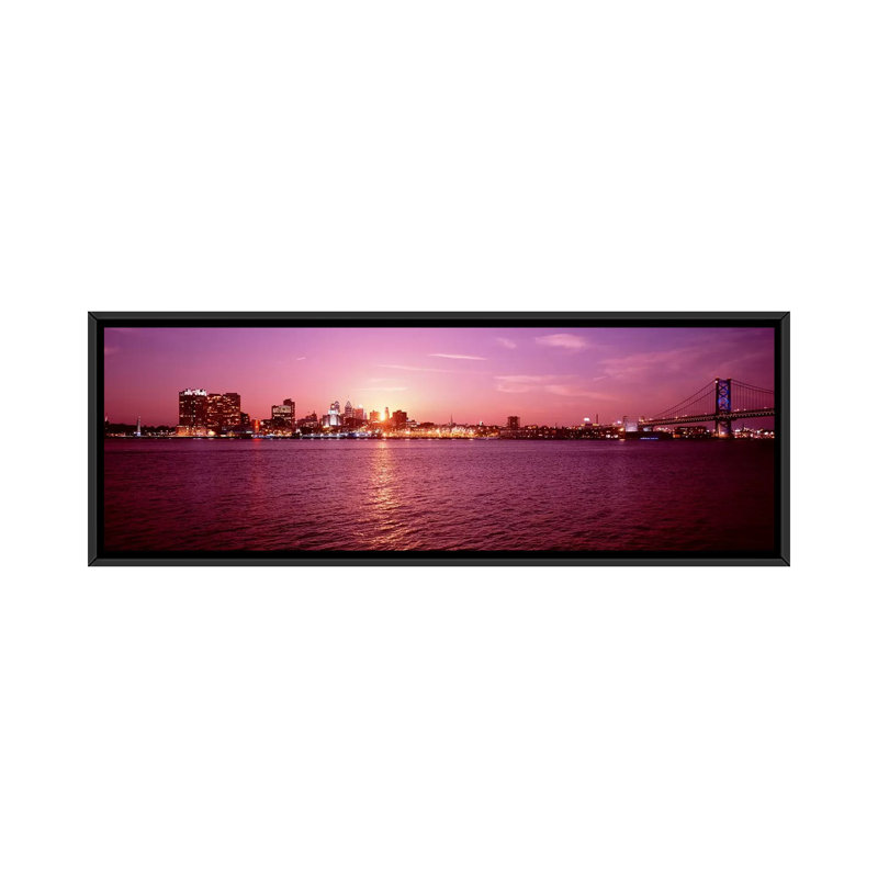 " Pennsylvania, Philadelphia At Dusk ", 16" H x 48" W x 1.5" D, Black Framed Canvas