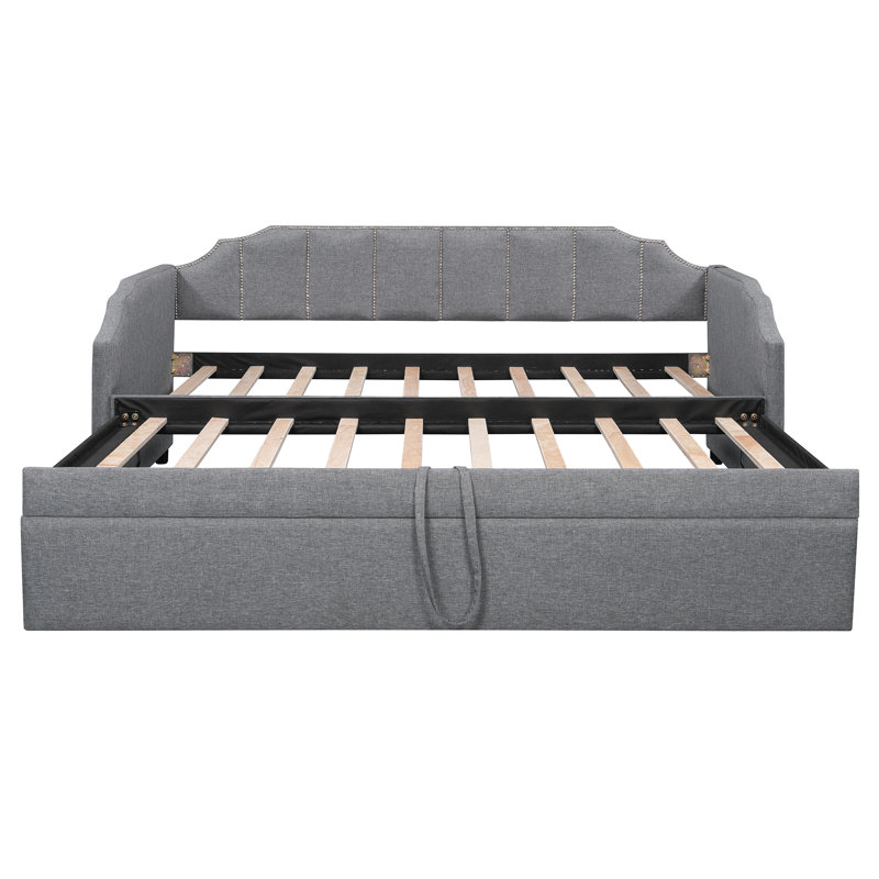 Twin Size Upholstered Daybed with Pop-Up Trundle & USB Charging Ports, Gray, Gray