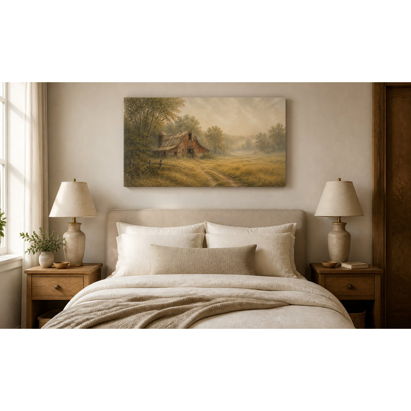 Tableau panoramique sur toile tendue représentant une grange champêtre dans la brume matinale, H 24 po x l 48 po x P 1,5 po