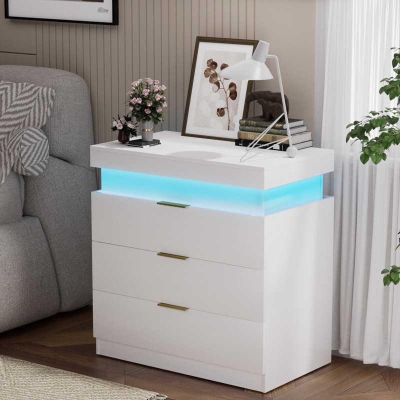 Modern Nightstand With Charging Station, LED Lights, Sliding Top, And Drawers, White Bedside Table | Gift Idea, White