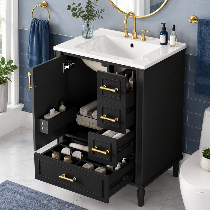Meuble-lavabo autoportant à une cuve avec armoire noire, comptoir en céramique et quincaillerie dorée, Black