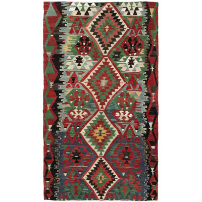 Tapis rouge/vert/noir/blanc de laine 5 pi 3 po x 9 pi 3 po handwoven à tissage plat Norcross