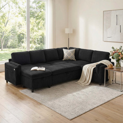 111" Black U-Shaped Convertible Sleeper Sofa Bed, Pull-Out Sectional Sofa With USB Ports & Storage For Living Room
