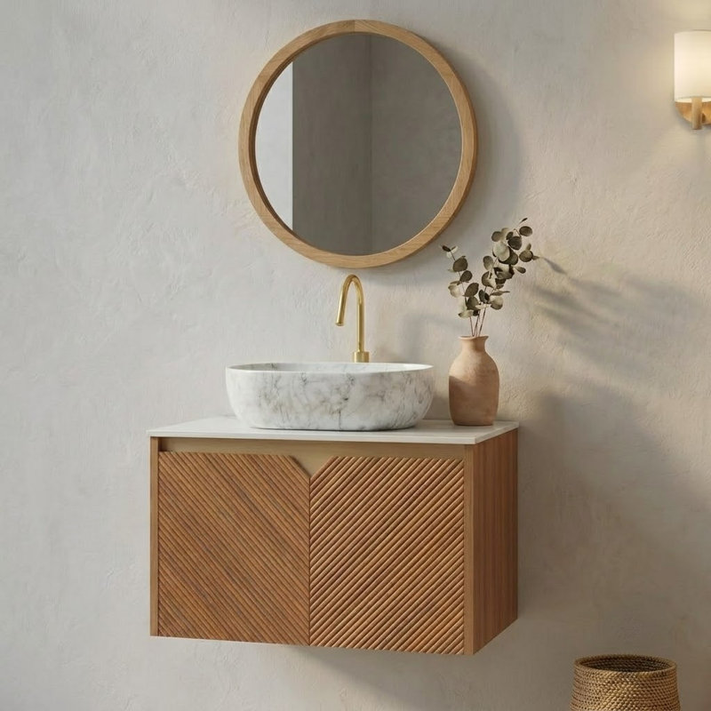 Meuble-lavabo flottant moderne de 24 po avec portes en placage de bois texturé sergé Linea, plateau en pierre frittée blanc de Carrare et lavabo vasque en céramique