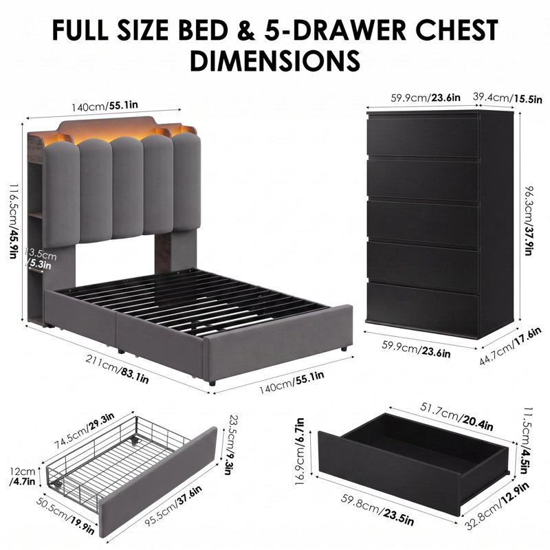 Ensemble de chambre à coucher 3 pièces comprenant un lit à DEL, 2 tiroirs sous le lit et une commode à 5 tiroirs (2 pièces).