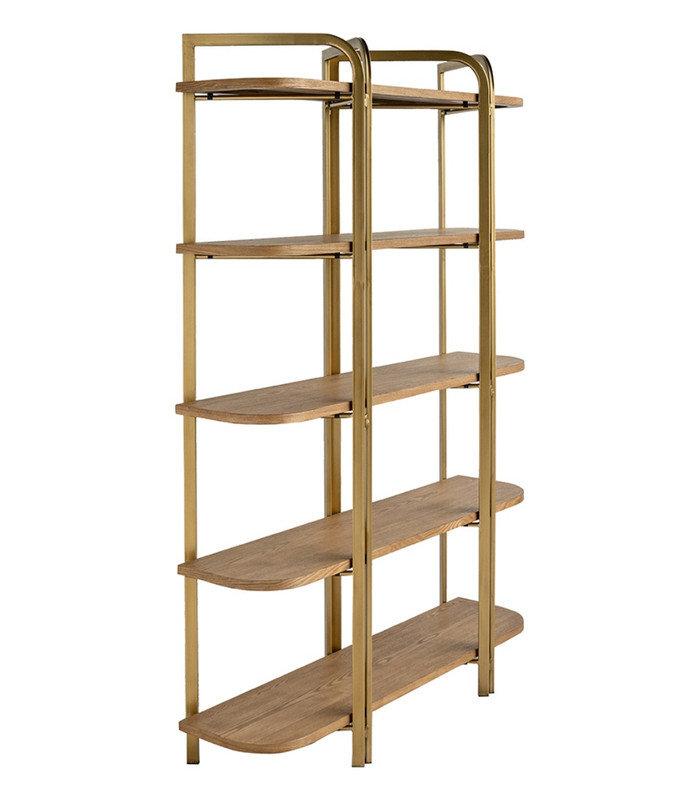 Étagère à 5 niveaux 48 x 15,5 x 70,5 po en bois avec finition en placage de frêne et cadre en fer festonné