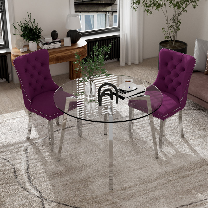 Ensemble de table de salle à manger ronde en verre, 3, Mauve, Argent argent