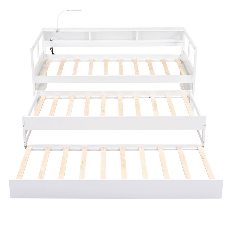 Twin Xl Wood Daybed With 2 Trundles, 3 Storage Cubbies, 1 Light For Free And Usb Charging Design, White