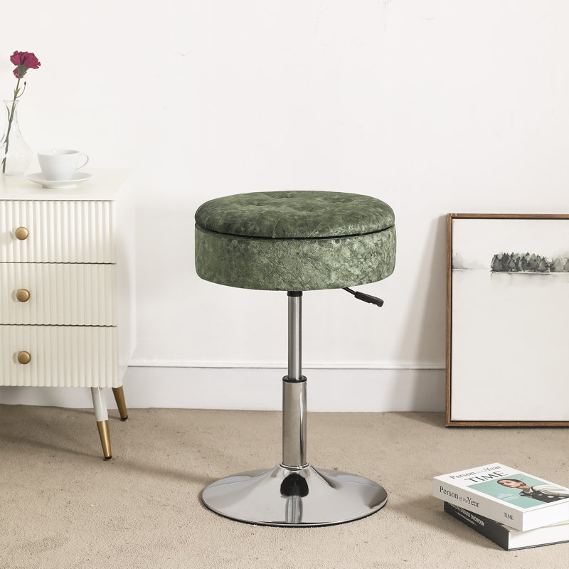 Faux Leather Ottoman, Green, Chrome