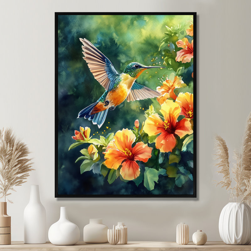 Hibiscus, art mural colibri, Dicleville, H 32 po x l 24 po, Cadre flottant noir