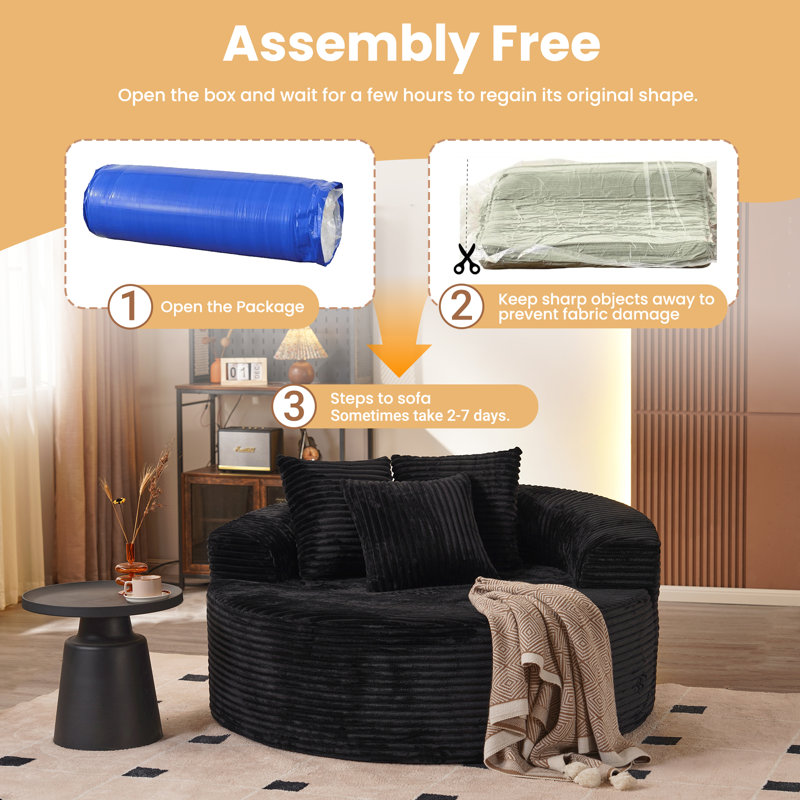 58.28" Wide Oversized Round Chaise Lounge Chair, Cloud Large Circle Chair With Plush Corduroy, Upholstered Modern Soft Big Single Couch, No Assembly Required