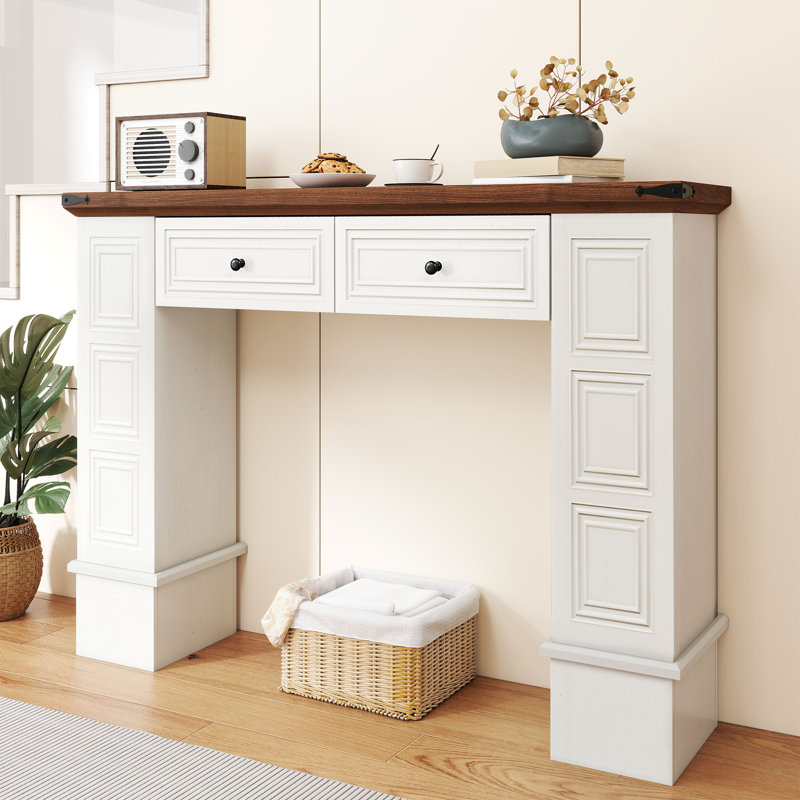 47.2" Farmhouse Console Table with Drawers & Center Shelf for Electric Fireplace Walnut Top