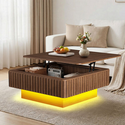 Table basse à plateau relevable, table basse cannelée avec lumières RVB et prise de courant USB, tables de salle à manger en bois avec rangement caché pour le salon, le bureau, la place