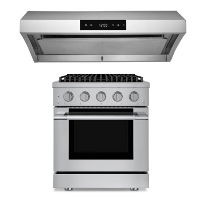 Hauslane Stainless Steel 30 Inch Range Hood Under Cabinet PS38 With 30 Inch 4.2 Cu. Ft. Dual Fuel Range 4 Burners Up To 20,000 BTUS