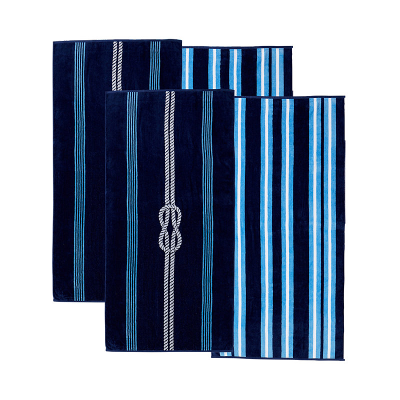 Serviettes de plage 100% jacquard 100% coton, Bleu marine / nœuds et rayures bleu royal