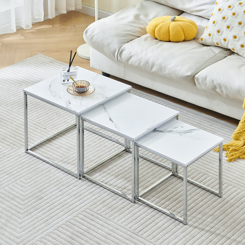 Coffee Table, Square White Marble Set of 3