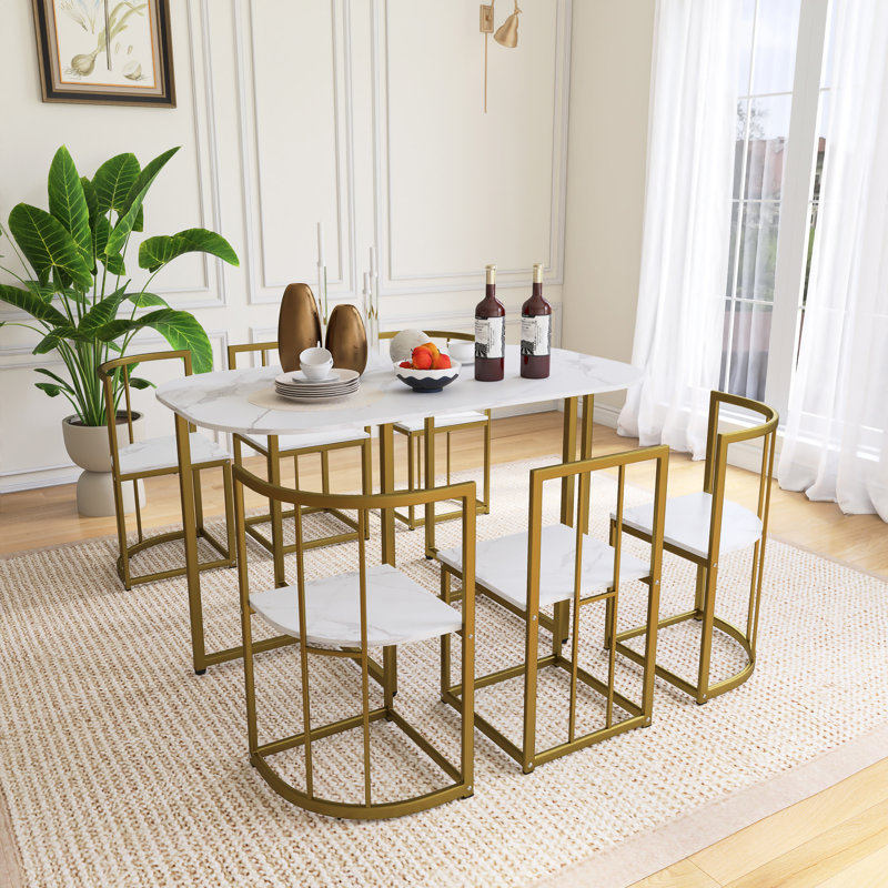 7-Piece Iron Frame Modern Dining Table Set, White/Gold, Gold/Faux Marble White