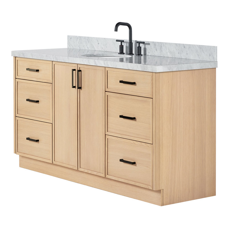 ARIEL Kelly 49 Single Sink Bathroom Vanity with Italian Carrara Marble Top, Oval, Oak, 67"