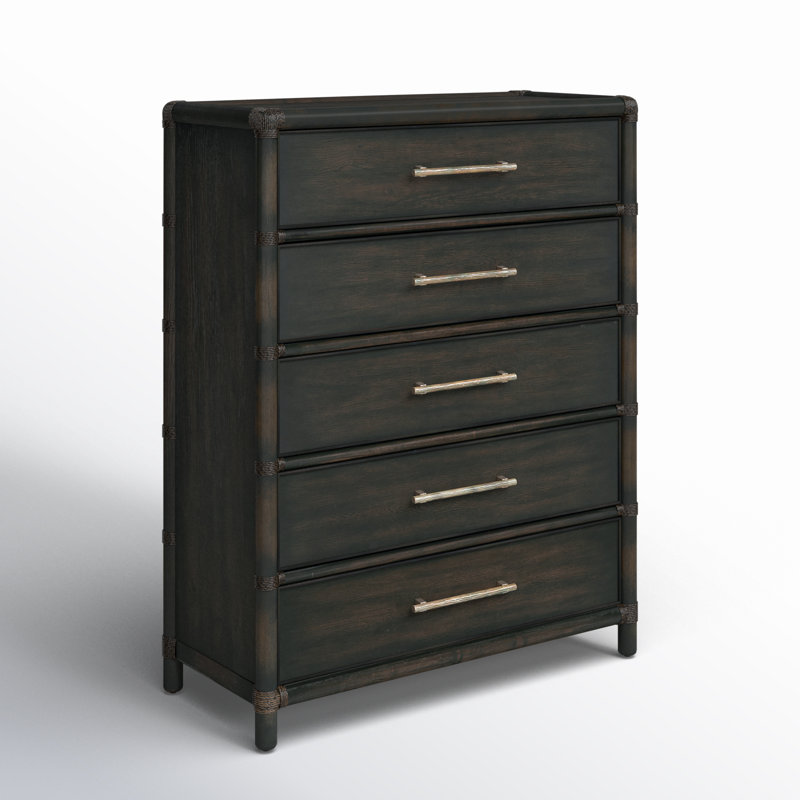 Retreat Pole Rattan Five-Drawer Chest, Dark Wood/Black Sand