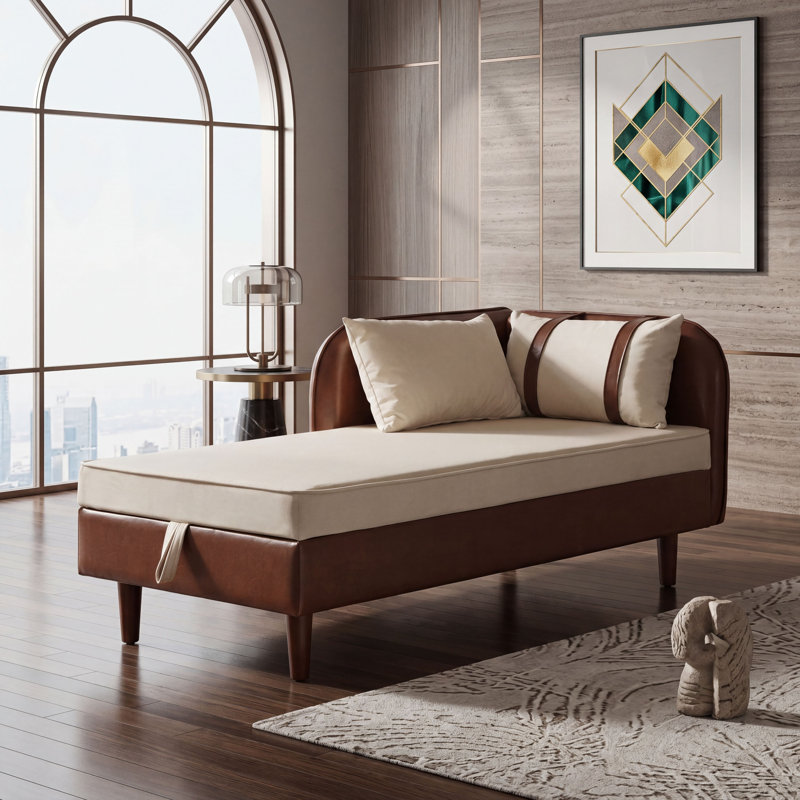 Chaise longue rembourrée avec rangement caché et coussins décoratifs, Brun et beige