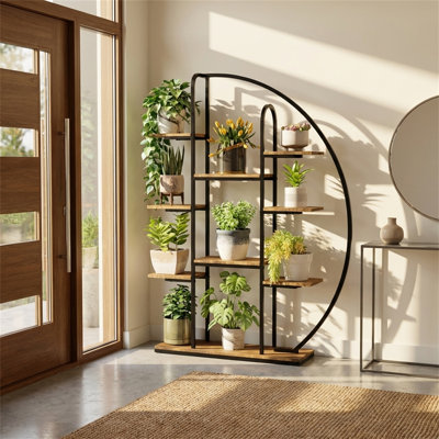 9-Tier Indoor Plant Stand with LED Grow Lights, Metal Frame, Large Crescent-Shaped Plant Stand, Retro Industrial Style, 62.2'' Tall, Suitable for Living Rooms and Balconies