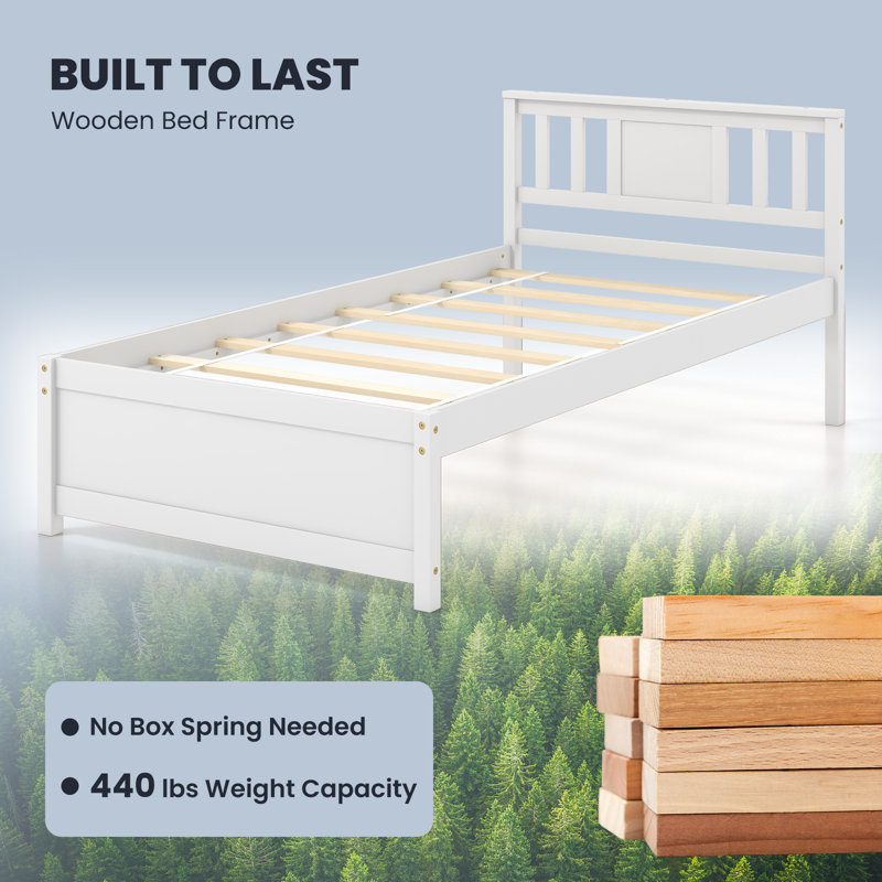 Structure de lit avec support de lattes de bois de tête de lit sans sommier, Simple, Blanc