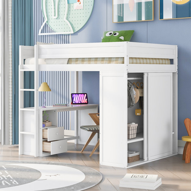 Lit mezzanine en bois avec placards et bureau à 2 tiroirs avec armoire, Complet/Double