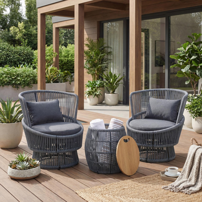 3-Piece Patio Set Outdoor Bistro Set, Rope Conversation Set With Coffee Table, Black Cushion/Black Frame